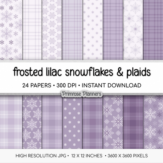 Frosted Lilac Snowflake Digital Paper, Purple Plaid Winter Scrapbook Backgrounds, Lavender Holiday Patterns, Cozy Grid Pages