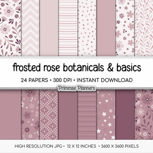 Frosted Rose Botanical Digital Paper, Dusty Pink Floral Scrapbook Backgrounds, Mauve Star & Chevron Patterns, Minimalist Pages