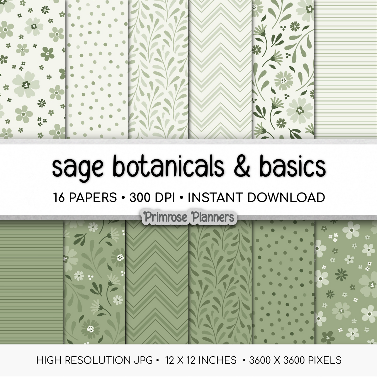 Sage Green Botanical Digital Paper, Meadow Floral Scrapbook Backgrounds, Minimalist Leaf Chevron & Stripe Patterns
