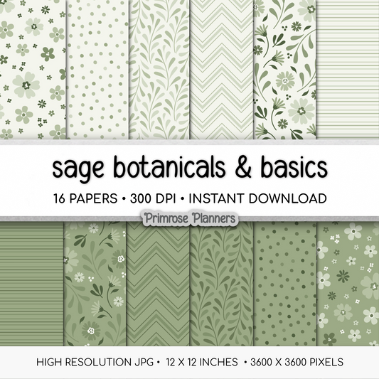 Sage Green Botanical Digital Paper, Meadow Floral Scrapbook Backgrounds, Minimalist Leaf Chevron & Stripe Patterns