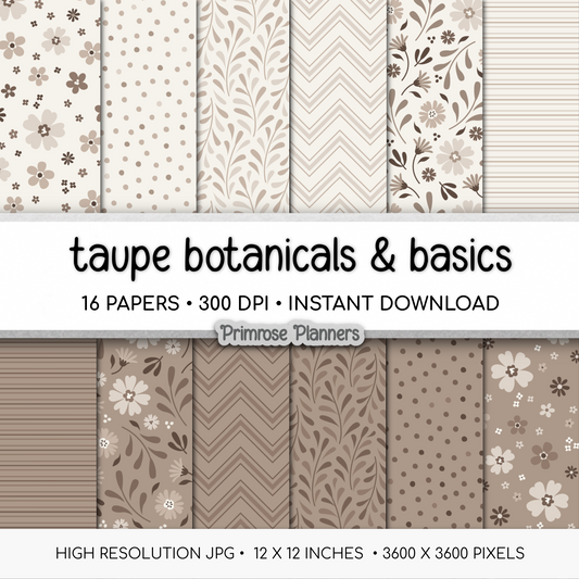Taupe Botanical Digital Paper, Neutral Floral Scrapbook Backgrounds, Earth Tone Leaf & Chevron Patterns, Minimalist Beige Pages
