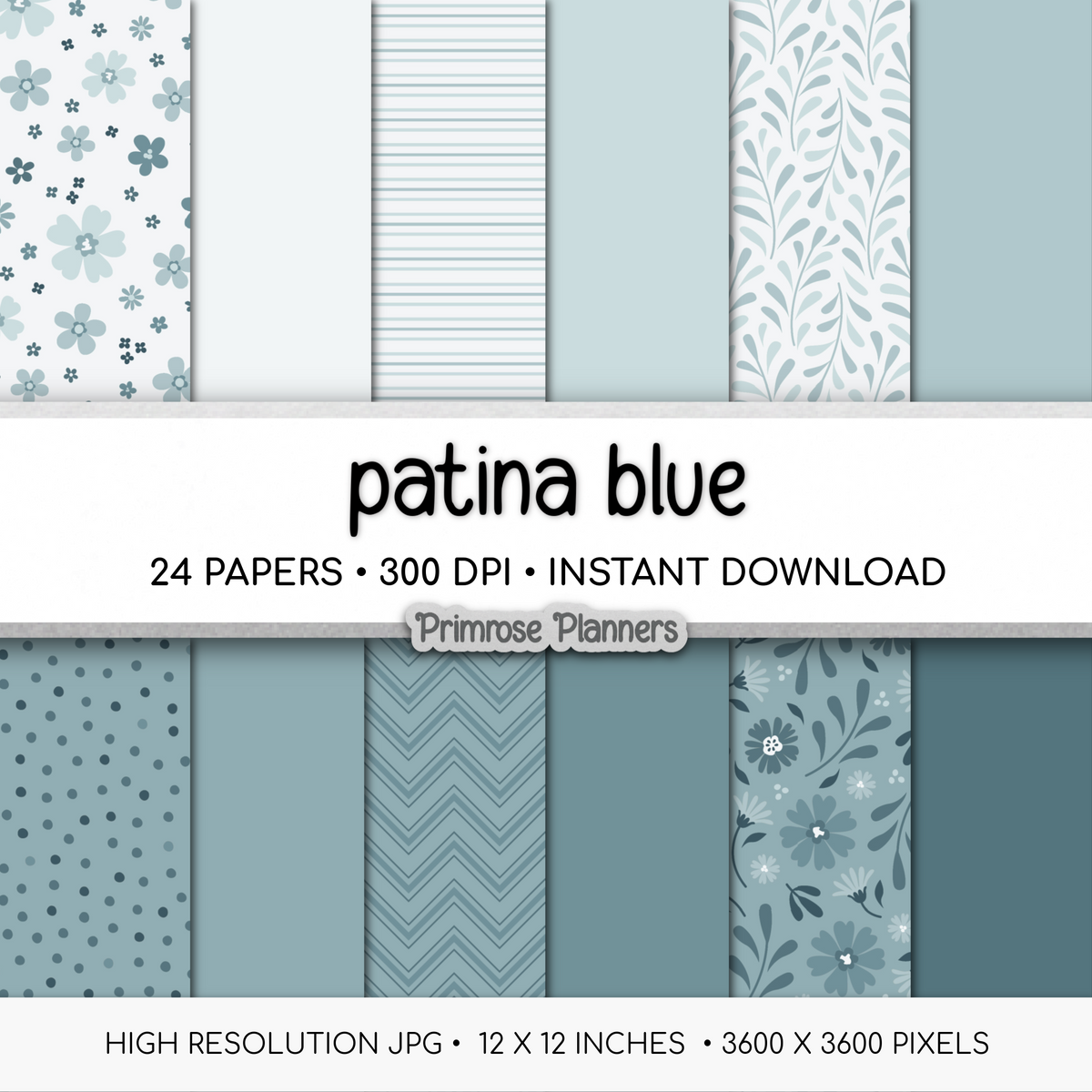 Patina Blue Botanical Digital Paper, Dusty Blue Floral Scrapbook Backgrounds, Minimalist Leaf & Chevron Patterns