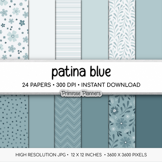 Patina Blue Botanical Digital Paper, Dusty Blue Floral Scrapbook Backgrounds, Minimalist Leaf & Chevron Patterns