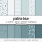 Patina Blue Botanical Digital Paper, Dusty Blue Floral Scrapbook Backgrounds, Minimalist Leaf & Chevron Patterns