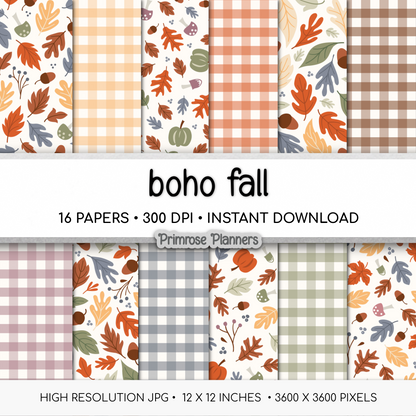 Boho Autumn Digital Paper, Fall Botanical Leaf Patterns, Muted Gingham Plaid Backgrounds, Cute Thanksgiving Scrapbooking Paper