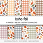 Boho Autumn Digital Paper, Fall Botanical Leaf Patterns, Muted Gingham Plaid Backgrounds, Cute Thanksgiving Scrapbooking Paper