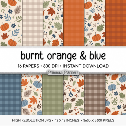 Burnt Orange Blue Autumn Digital Paper, Fall Botanical Leaf Patterns, Plaid Backgrounds, Cozy Thanksgiving Scrapbook Paper