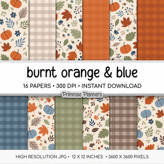 Burnt Orange Blue Autumn Digital Paper, Fall Botanical Leaf Patterns, Plaid Backgrounds, Cozy Thanksgiving Scrapbook Paper