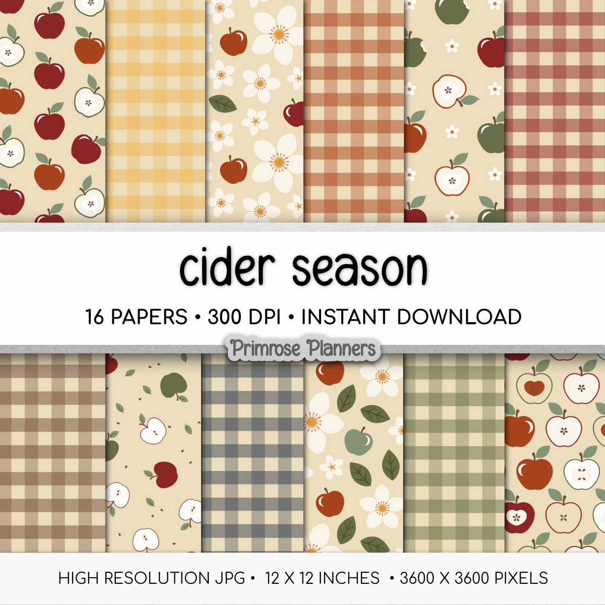 Apple Cider Digital Paper, Fall Orchard Patterns, Warm Earthy Gingham Plaid Backgrounds, Cute Autumn Floral Scrapbook Paper