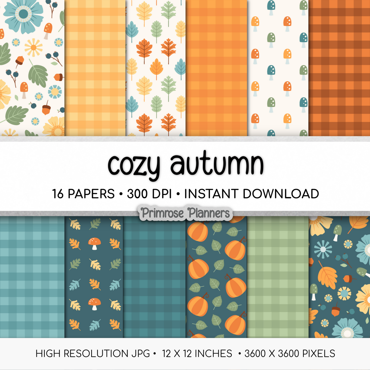 Cozy Autumn Scrapbook Paper, Teal Orange Fall Botanical Digital Paper Pack, Cute Mushroom Gingham Backgrounds, Paper Sets
