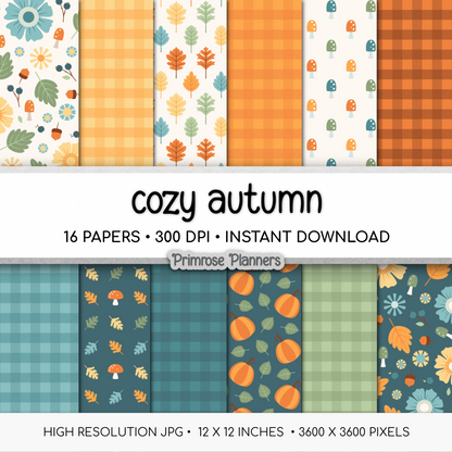 Cozy Autumn Scrapbook Paper, Teal Orange Fall Botanical Digital Paper Pack, Cute Mushroom Gingham Backgrounds, Paper Sets