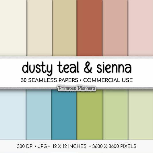Solid Digital Paper Dusty Teal and Sienna | Boho Desert Palette | Beige, Mauve, Orange, Blue, Green | Plain Background