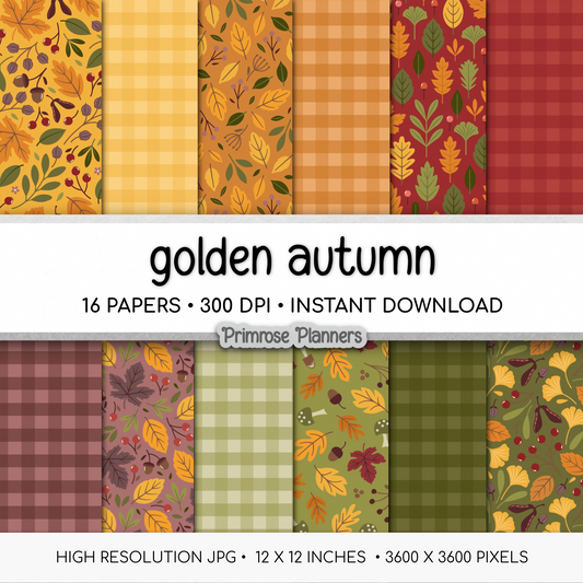 Golden Autumn Digital Paper, Warm Fall Botanical Backgrounds, Mustard Yellow Olive Green Plaid, Acorn Leaf Scrapbook Paper Pack