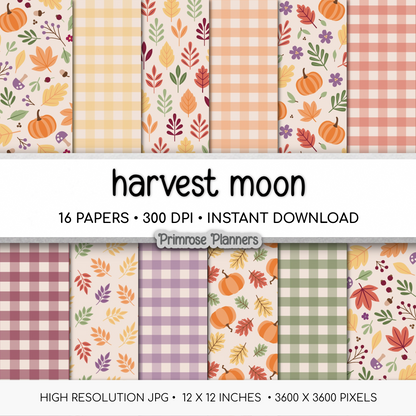 Harvest Moon Fall Digital Paper Set, Pastel Autumn Leaves Pumpkins Plaid Patterns, Cute Thanksgiving Backgrounds for Scrapbooking