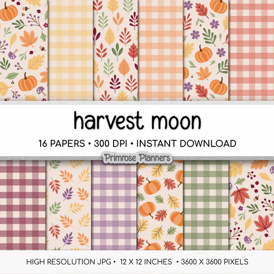 Harvest Moon Fall Digital Paper Set, Pastel Autumn Leaves Pumpkins Plaid Patterns, Cute Thanksgiving Backgrounds for Scrapbooking