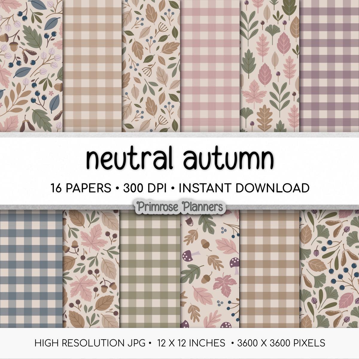 Neutral Fall Scrapbook Paper, Boho Autumn Leaves Pattern, Dusty Pink Beige Gingham Background, Minimalist Fall Paper
