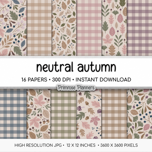 Neutral Fall Scrapbook Paper, Boho Autumn Leaves Pattern, Dusty Pink Beige Gingham Background, Minimalist Fall Paper