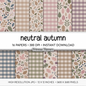 Neutral Fall Scrapbook Paper, Boho Autumn Leaves Pattern, Dusty Pink Beige Gingham Background, Minimalist Fall Paper
