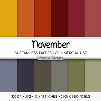 Solid Digital Paper November Colors | Moody Autumn Palette | Maroon, Gold, Dusty Purple, Gray, Blue | Plain Fall Background