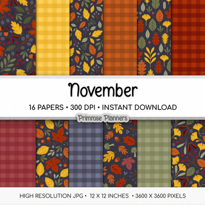 November Fall Scrapbook Paper, Dark Autumn Botanical Backgrounds, Navy Blue Mustard Yellow Plaid, Cozy Acorn Leaf Digital Paper Sets