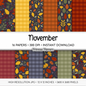 November Fall Scrapbook Paper, Dark Autumn Botanical Backgrounds, Navy Blue Mustard Yellow Plaid, Cozy Acorn Leaf Digital Paper Sets