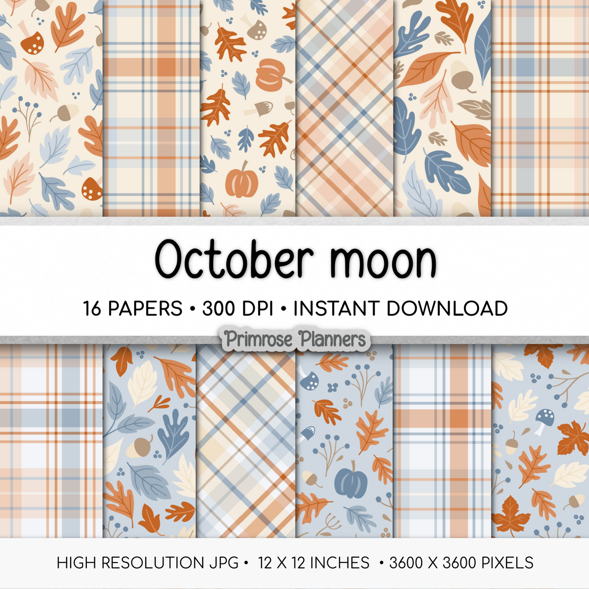 October Fall Scrapbook Paper, Muted Blue Orange Autumn Leaves Prints, Cozy Pumpkin Mushroom Digital Paper Sets, Plaid Backgrounds