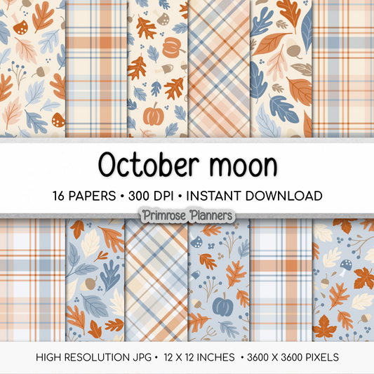 October Fall Scrapbook Paper, Muted Blue Orange Autumn Leaves Prints, Cozy Pumpkin Mushroom Digital Paper Sets, Plaid Backgrounds