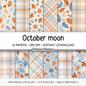October Fall Scrapbook Paper, Muted Blue Orange Autumn Leaves Prints, Cozy Pumpkin Mushroom Digital Paper Sets, Plaid Backgrounds