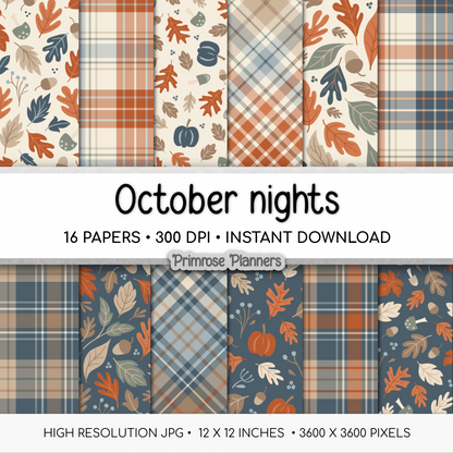 October Fall Scrapbook Paper, Moody Blue Orange Autumn Leaves Prints, Cozy Pumpkin Mushroom Digital Paper Sets, Plaid Pack