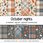 October Fall Scrapbook Paper, Moody Blue Orange Autumn Leaves Prints, Cozy Pumpkin Mushroom Digital Paper Sets, Plaid Pack