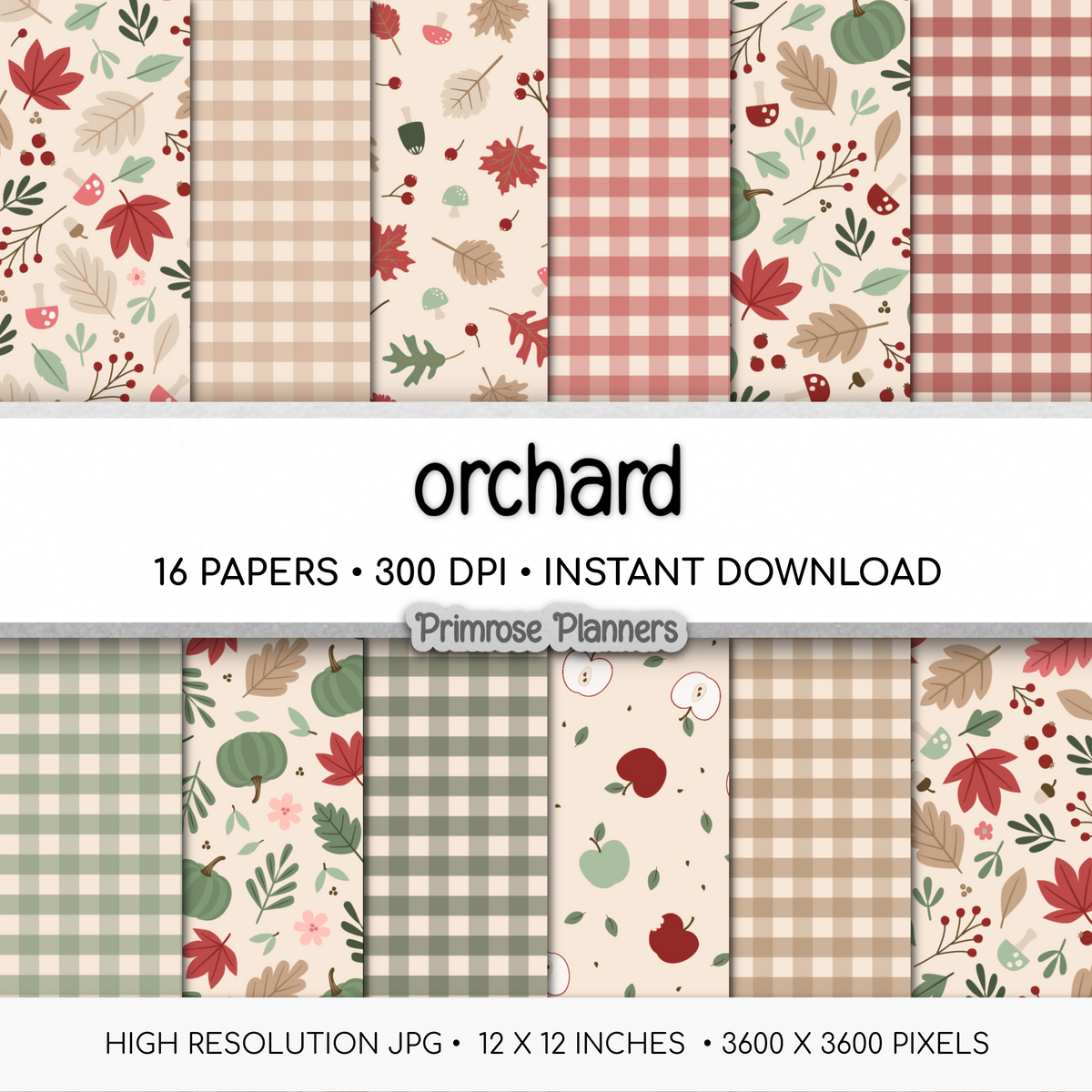 Fall Apple Orchard Digital Paper, Muted Autumn Gingham Backgrounds, Green Pumpkin Mushroom Prints, Thanksgiving Scrapbook Set