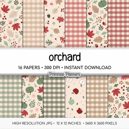 Fall Apple Orchard Digital Paper, Muted Autumn Gingham Backgrounds, Green Pumpkin Mushroom Prints, Thanksgiving Scrapbook Set