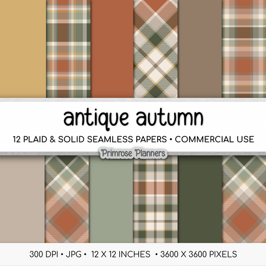 Antique Autumn Plaid Digital Paper, Vintage Fall Seamless Patterns, Retro Tartan Backgrounds, Commercial Use Scrapbook Pack