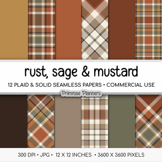 Fall Plaid Digital Paper Rust Sage Mustard Seamless Pattern Cottagecore Autumn Tartan Scrapbook Background Commercial Use