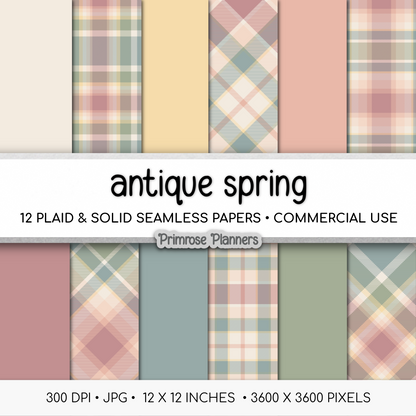 Antique Spring Plaid Digital Paper, Pastel Easter Seamless Patterns, Vintage Tartan Backgrounds, Commercial Use Scrapbook Pack