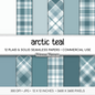 Arctic Teal Plaid Digital Paper, Light Blue Seamless Patterns, Farmhouse Gingham Scrapbook Backgrounds, Minimalist Commercial Use