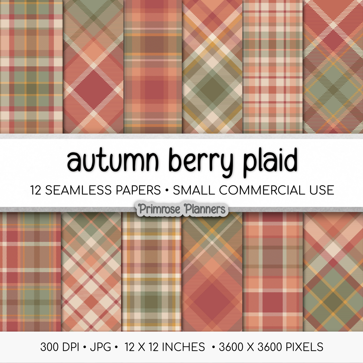 Autumn Berry Tartan Plaid Digital Paper, Red Green Fall Scrapbook Backgrounds, Cozy Thanksgiving Pattern, Commercial Use