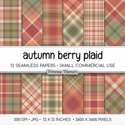 Autumn Berry Tartan Plaid Digital Paper, Red Green Fall Scrapbook Backgrounds, Cozy Thanksgiving Pattern, Commercial Use