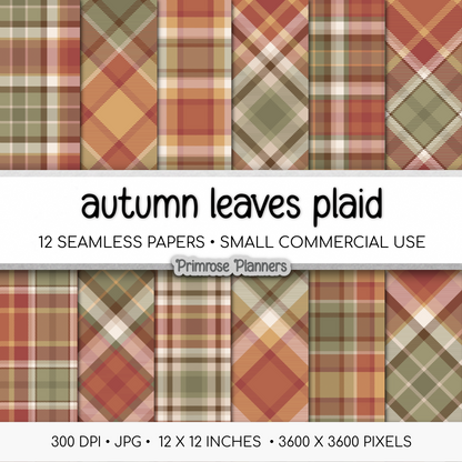 Autumn Leaves Tartan Plaid Digital Paper Pack, Red Green Fall Scrapbook Backgrounds, Cozy Thanksgiving Pattern