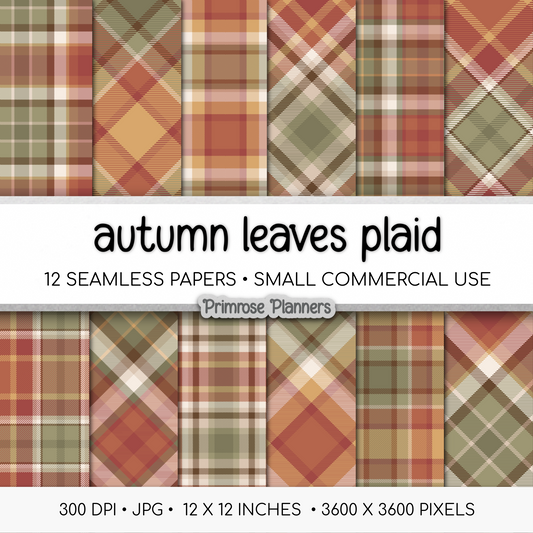 Autumn Leaves Tartan Plaid Digital Paper Pack, Red Green Fall Scrapbook Backgrounds, Cozy Thanksgiving Pattern