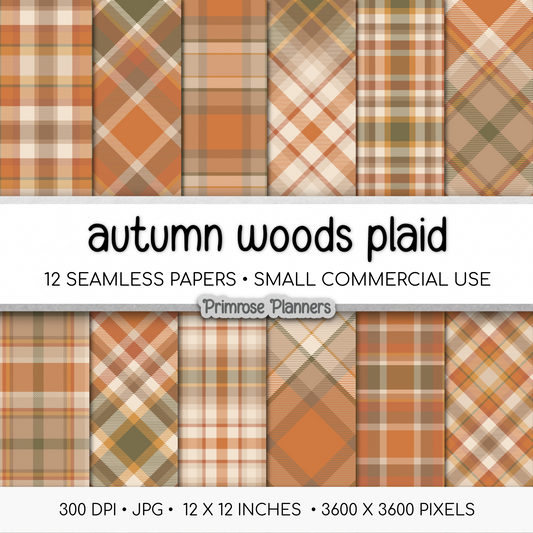 Autumn Woods Tartan Plaid Digital Paper Pack, Orange Fall Scrapbook Backgrounds, Cozy Thanksgiving Pattern, Commercial Use