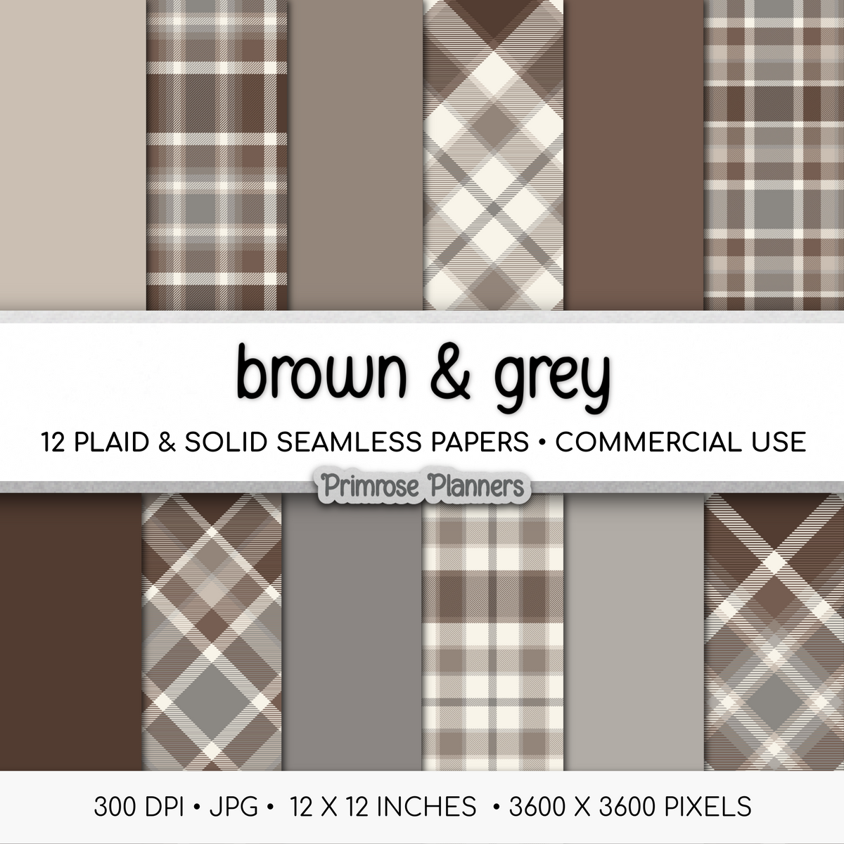 Brown and Grey Plaid Digital Paper, Neutral Seamless Patterns, Modern Farmhouse Tartan Backgrounds, Commercial Use Scrapbook Pack