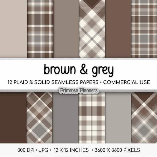 Brown and Grey Plaid Digital Paper, Neutral Seamless Patterns, Modern Farmhouse Tartan Backgrounds, Commercial Use Scrapbook Pack