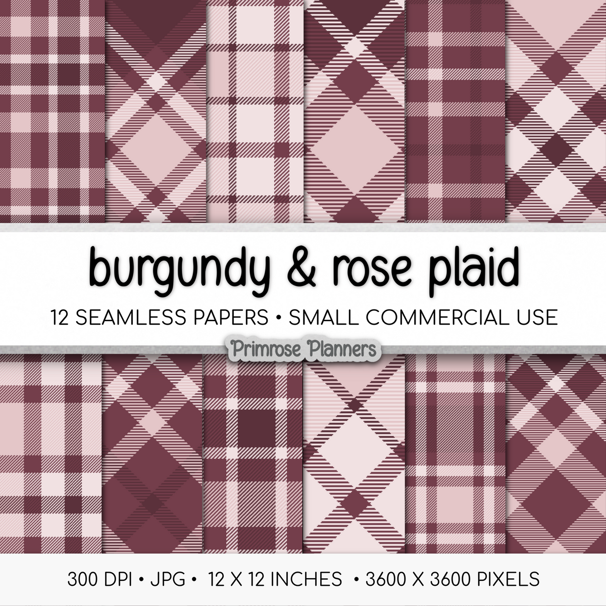 Burgundy Rose Plaid Digital Paper | 12 Seamless Check Patterns | Printable 12x12 Scrapbook Backgrounds | Commercial Use Instant Download