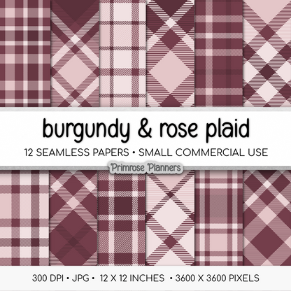 Burgundy Rose Plaid Digital Paper | 12 Seamless Check Patterns | Printable 12x12 Scrapbook Backgrounds | Commercial Use Instant Download
