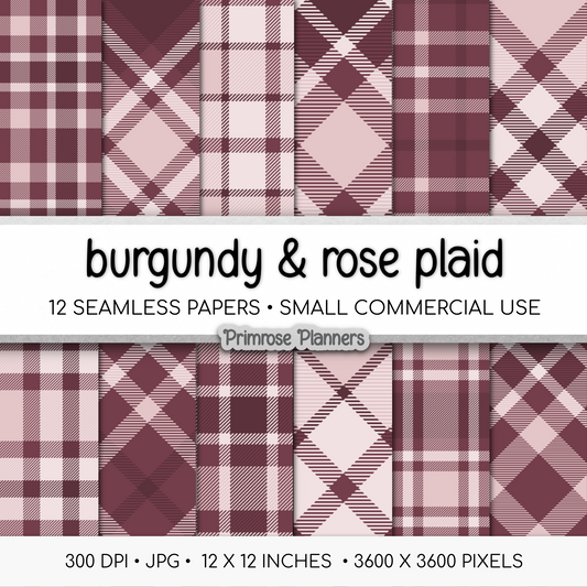 Burgundy Rose Plaid Digital Paper | 12 Seamless Check Patterns | Printable 12x12 Scrapbook Backgrounds | Commercial Use Instant Download