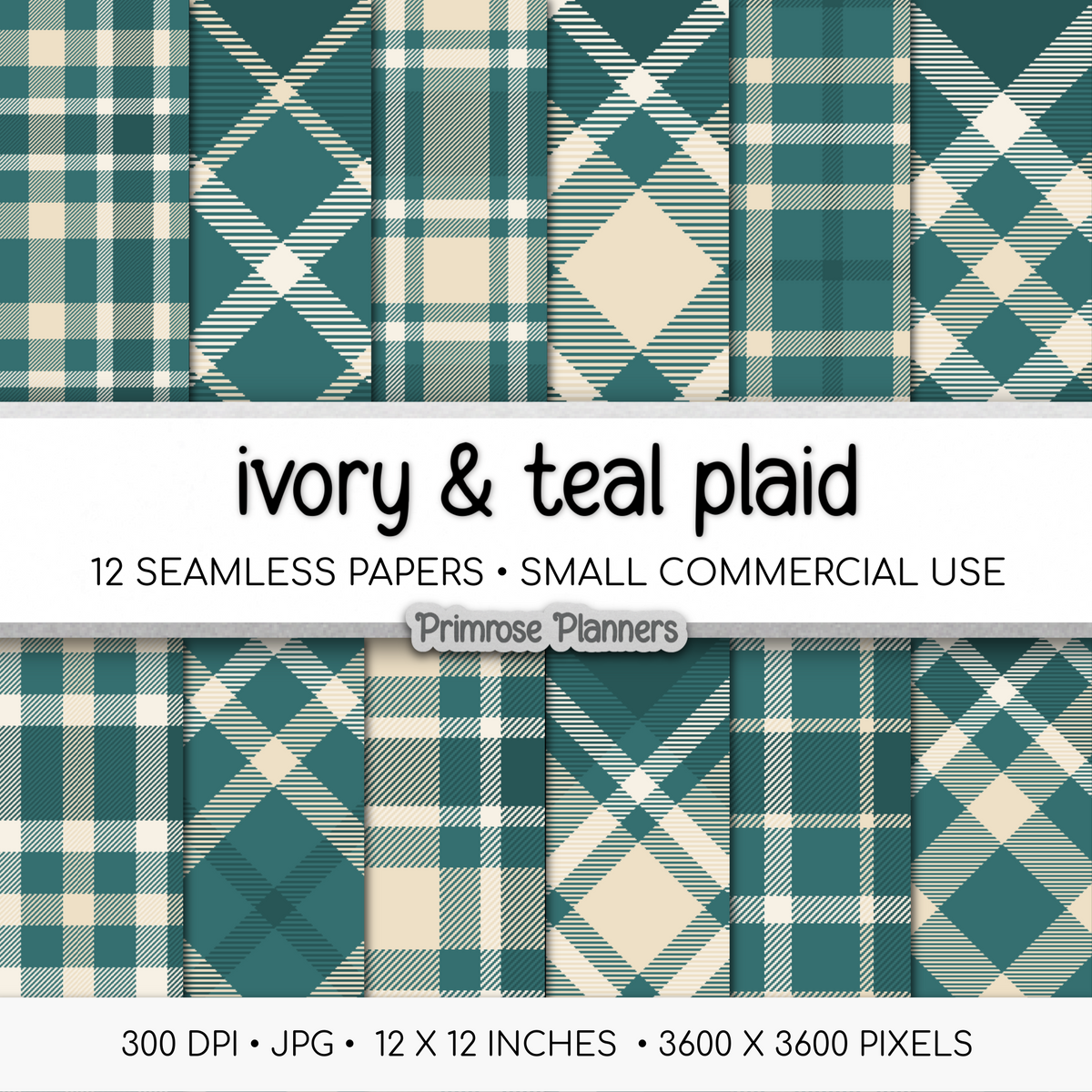 Printable Teal Plaid Digital Paper | Ivory Check Patterns for Planners & Scrapbooking | 12x12 Backgrounds | Commercial Use Download