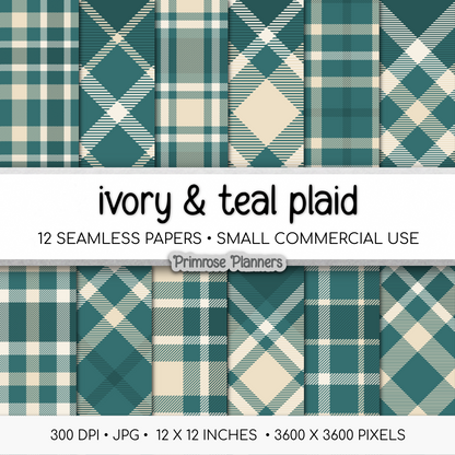 Printable Teal Plaid Digital Paper | Ivory Check Patterns for Planners & Scrapbooking | 12x12 Backgrounds | Commercial Use Download