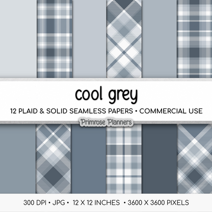 Cool Grey Plaid Digital Paper, Slate Blue Seamless Patterns, Farmhouse Gingham Scrapbook Backgrounds, Minimalist Commercial Use