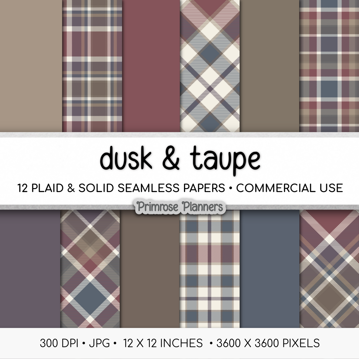 Dusk and Taupe Plaid Digital Paper, Muted Seamless Patterns, Moody Blue Tartan Backgrounds, Commercial Use Scrapbook Pack